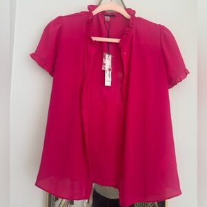 NWT Tahari Ruffled Collar Short Sleeve Blouse - Vibrant Pink